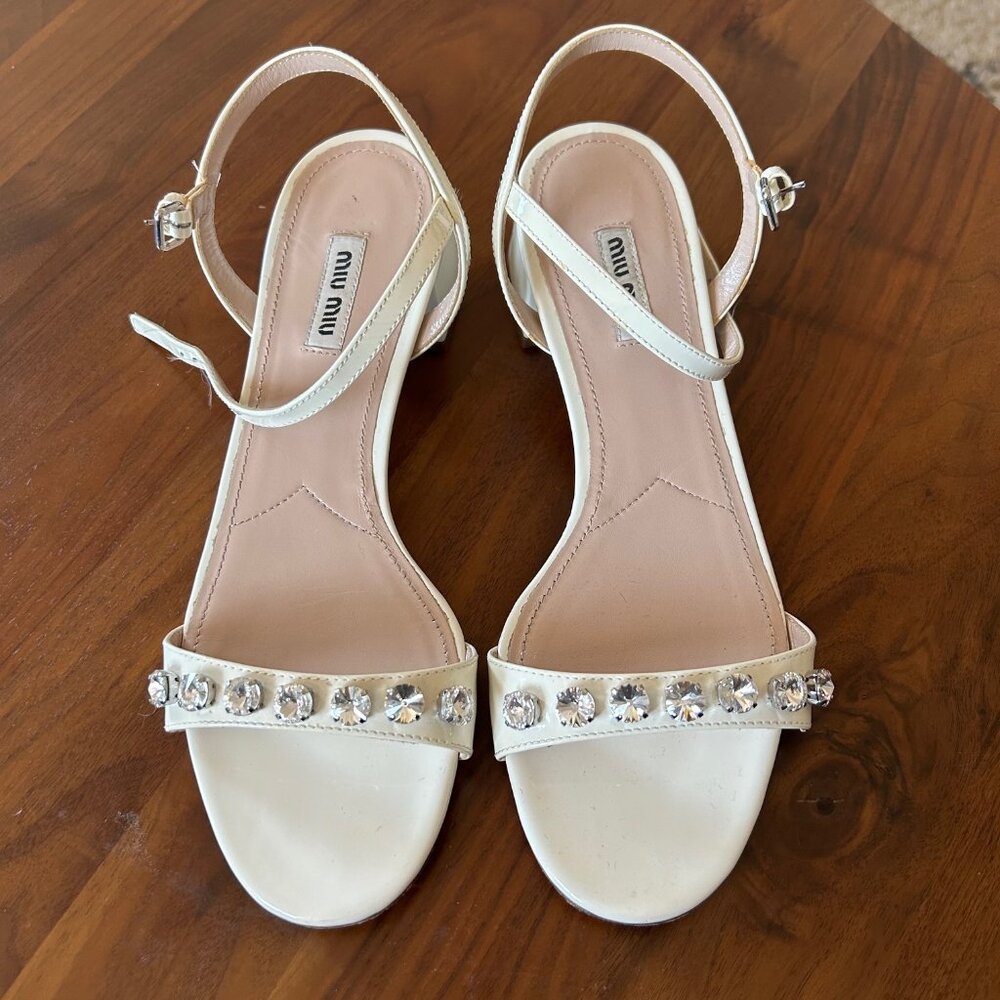 White Miu Miu Heeled Sandals with Crystal Embellishments | Size 39 IT / 9 US